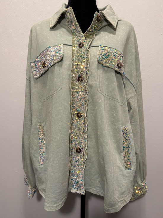 white birch Jackets & Blazers - White birch Mint Green Sequin-Trim Shirt Jacket